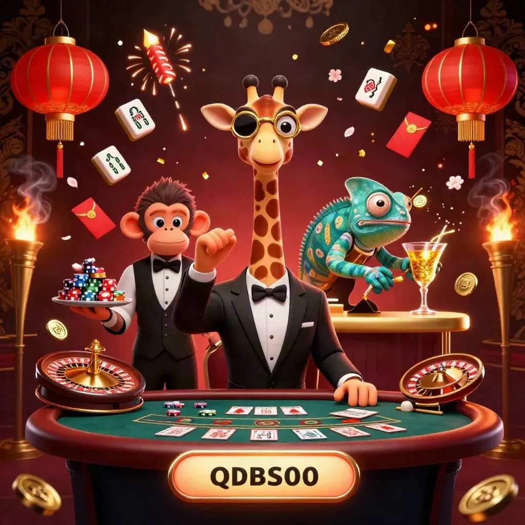 A giraffe, monkey valet, and chameleon bartender in a glowing dark casino with treasure and lanterns.