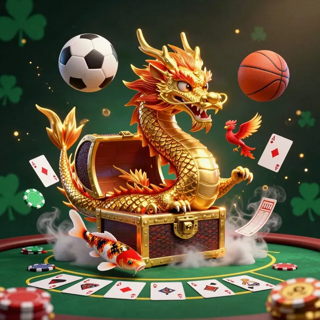 Golden dragon with phoenix and koi amid casino chips, soccer and basketball action, emerald glow.