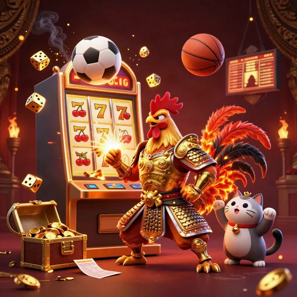 Rooster samurai, dragon hatchling, and fortune-cat amid casino bursts and frozen sports balls.
