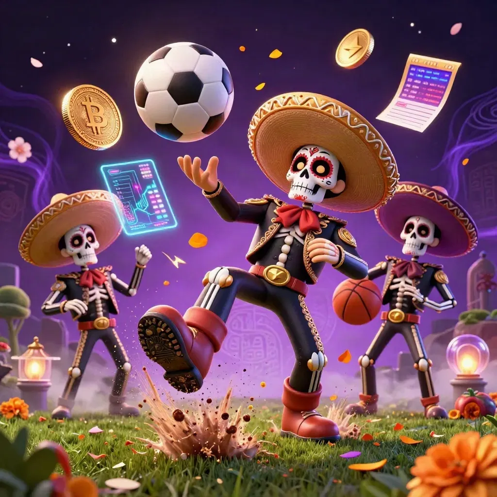 Skeleton mariachi trio with soccer ball impact, crypto coins, and casino effects