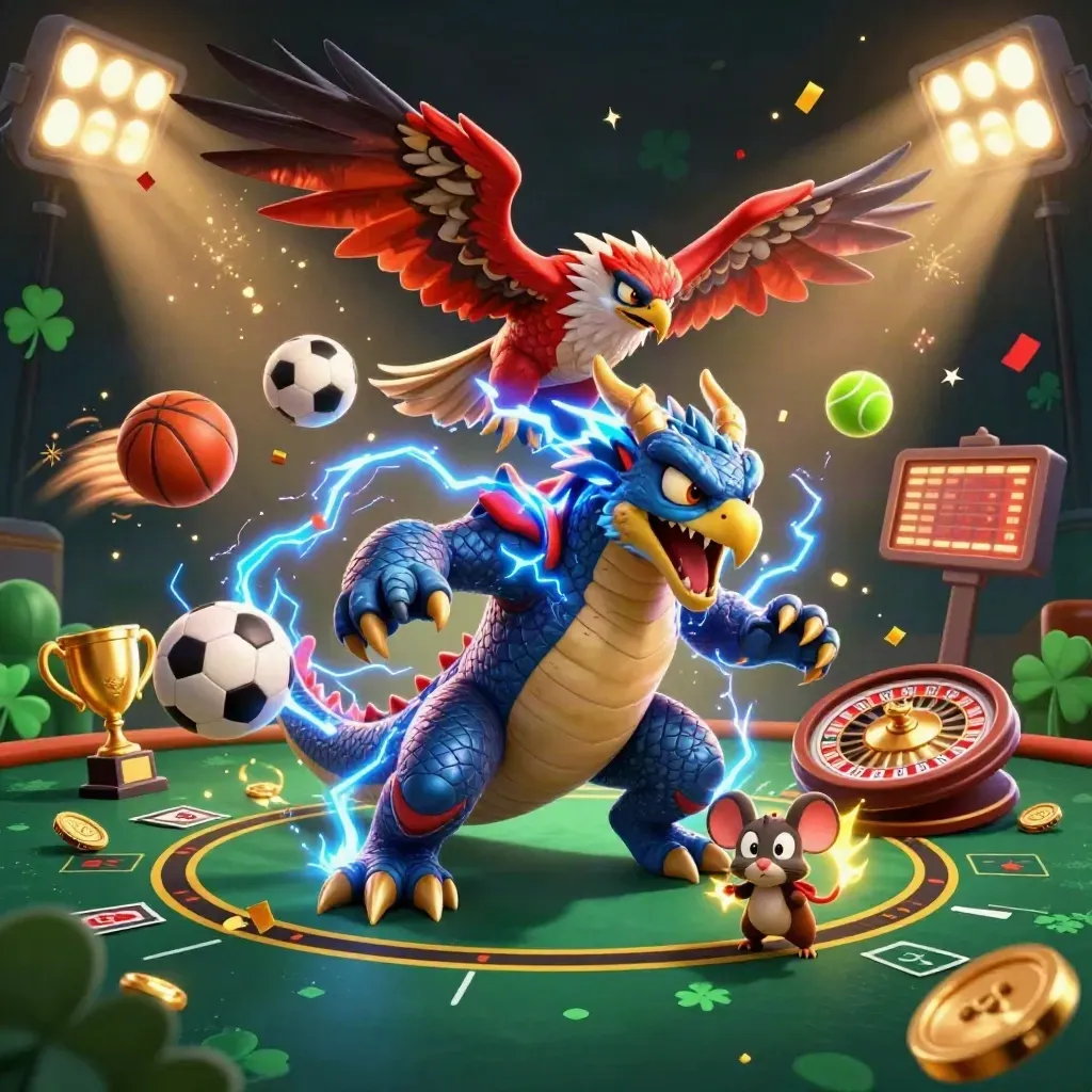 Thunder dragon, wind hawk, and static mouse amid casino lights, balls, trophy, coins, and neon storm.