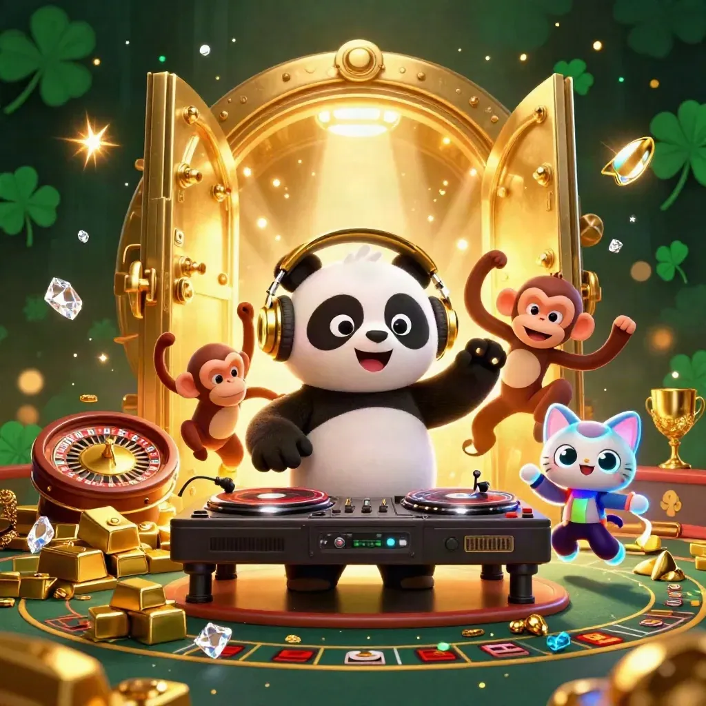 DJ panda, monkey, and glow-stick kitten in a vault burst with gold, gems, and casino glam