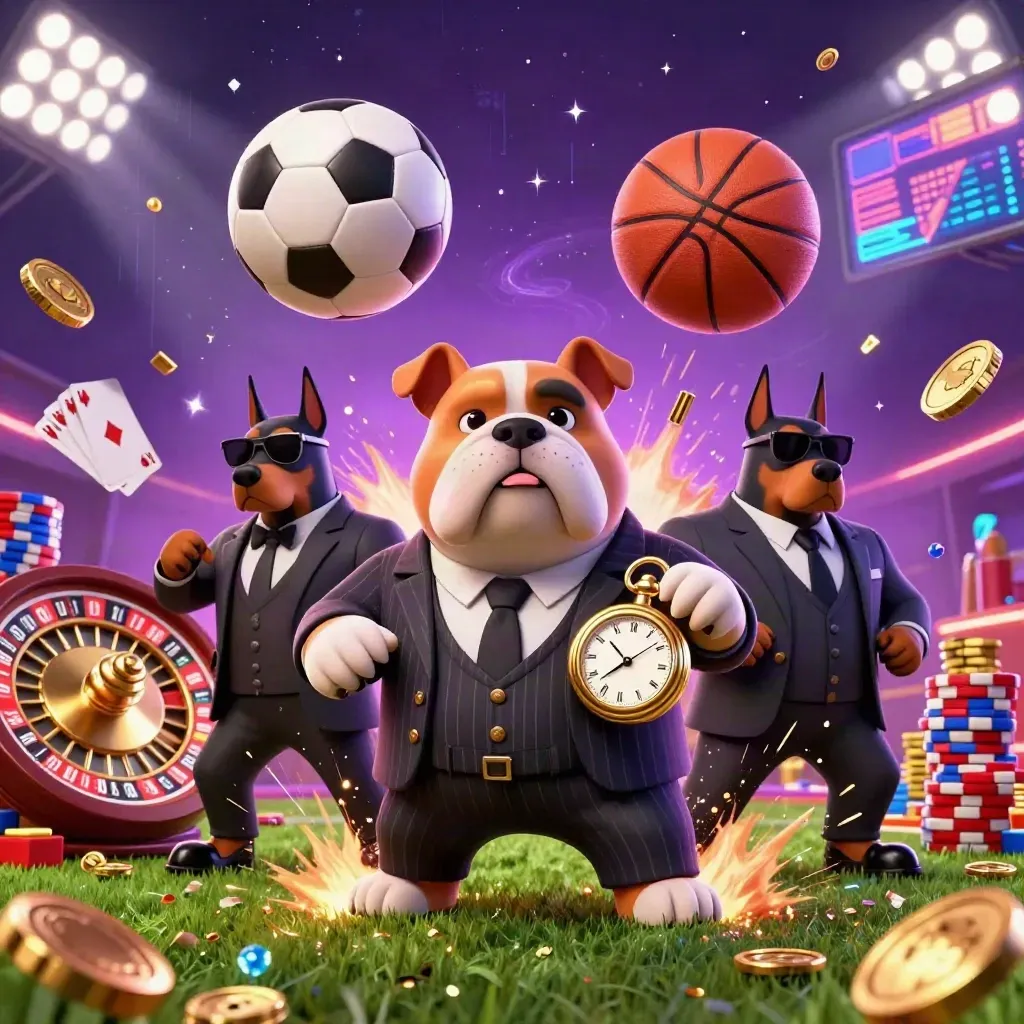Bulldog mob boss and Dobermans amid casino coins, chips, and a soccer ball in neon stadium light.