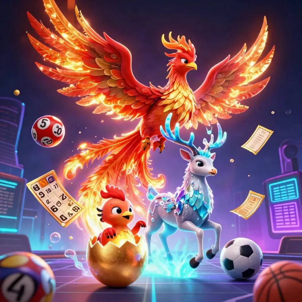 Phoenix, hatchling, stag, lottery balls, soccer ball, basketball, neon casino glow.