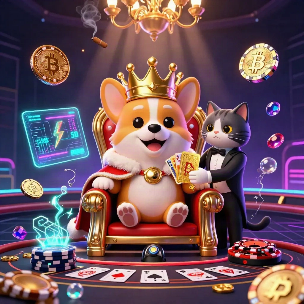 Royal corgi and cat butler in a luxe casino room with neon crypto and glowing effects
