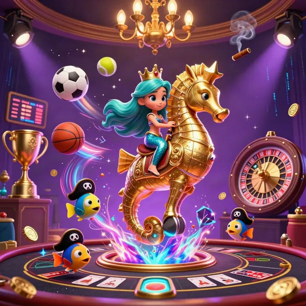 Mermaid princess on armored seahorse amid casino lights, sports balls, coins, and purple magic.
