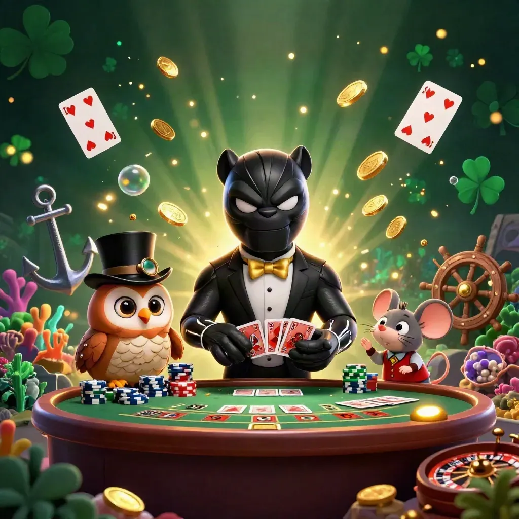 Panther, owl, and mouse in a luxe neon casino cove with coins, cards, coral, and golden light.