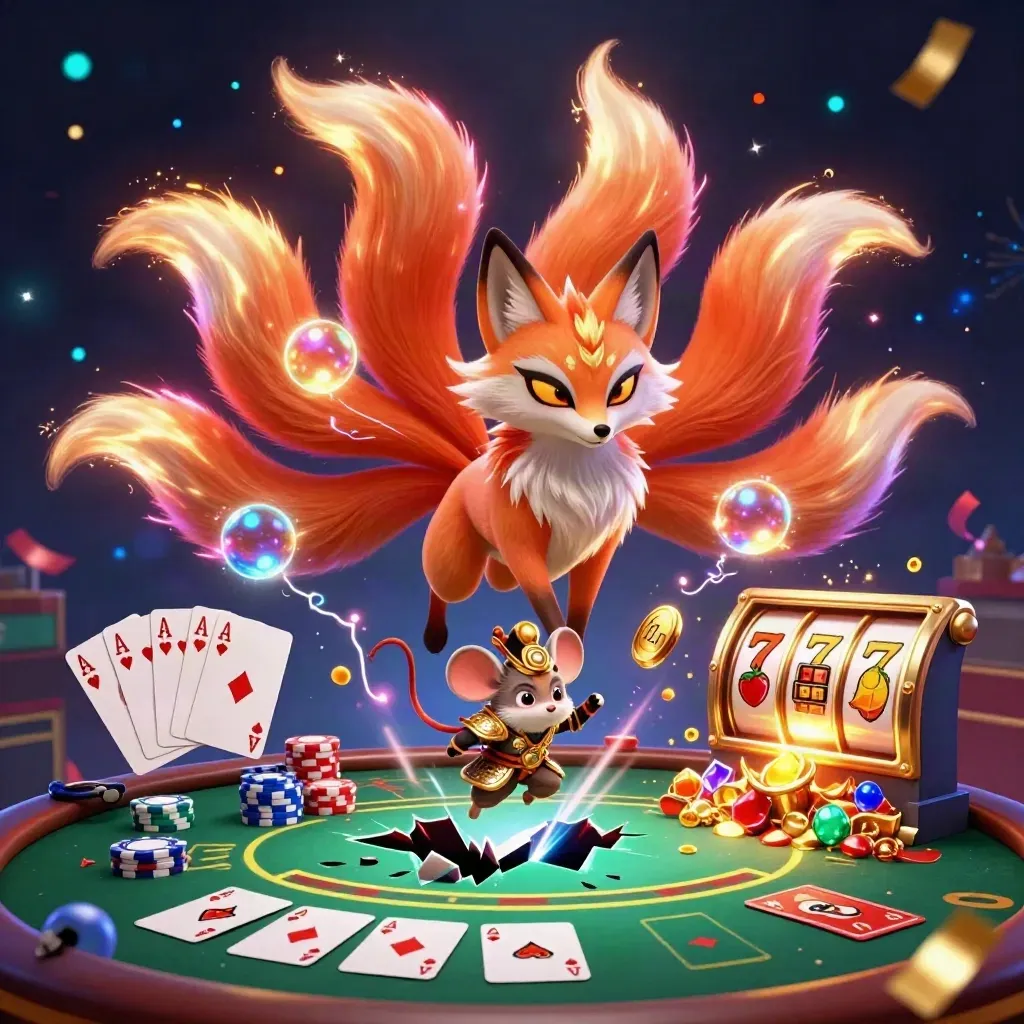 Nine-tailed fox spirit and golden-armored mouse amid casino chips, cards, reels and neon magic