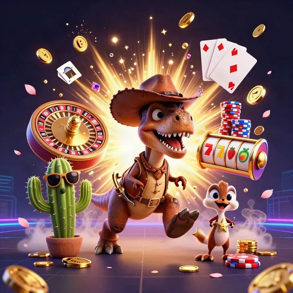Cowboy T-Rex, cactus sidekick, and roadrunner blast through neon-gold casino treasure.