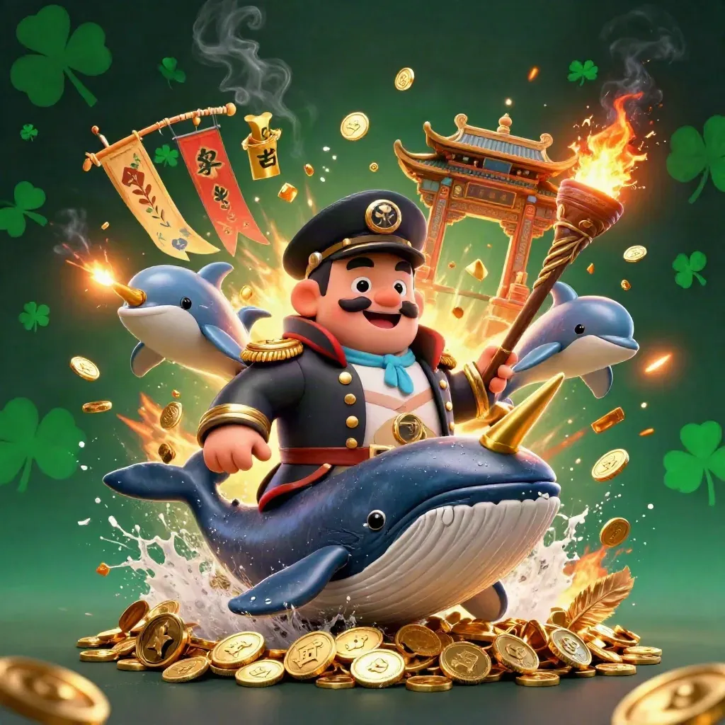 Captain whale and narwhal burst through coins in a torch-lit casino fantasy sea