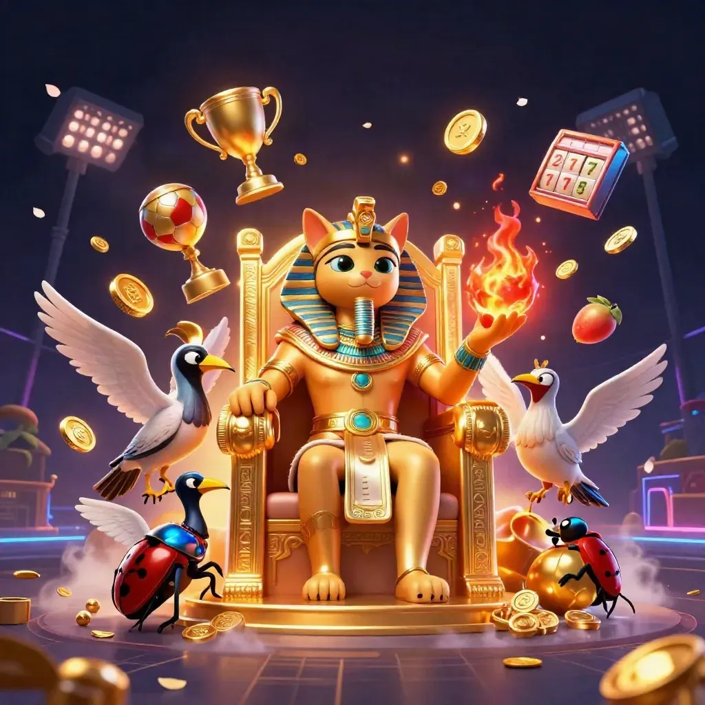 Pharaoh cat, ibis scribe and gem scarabs amid casino sports chaos, gold bursts, dark neon luxe.