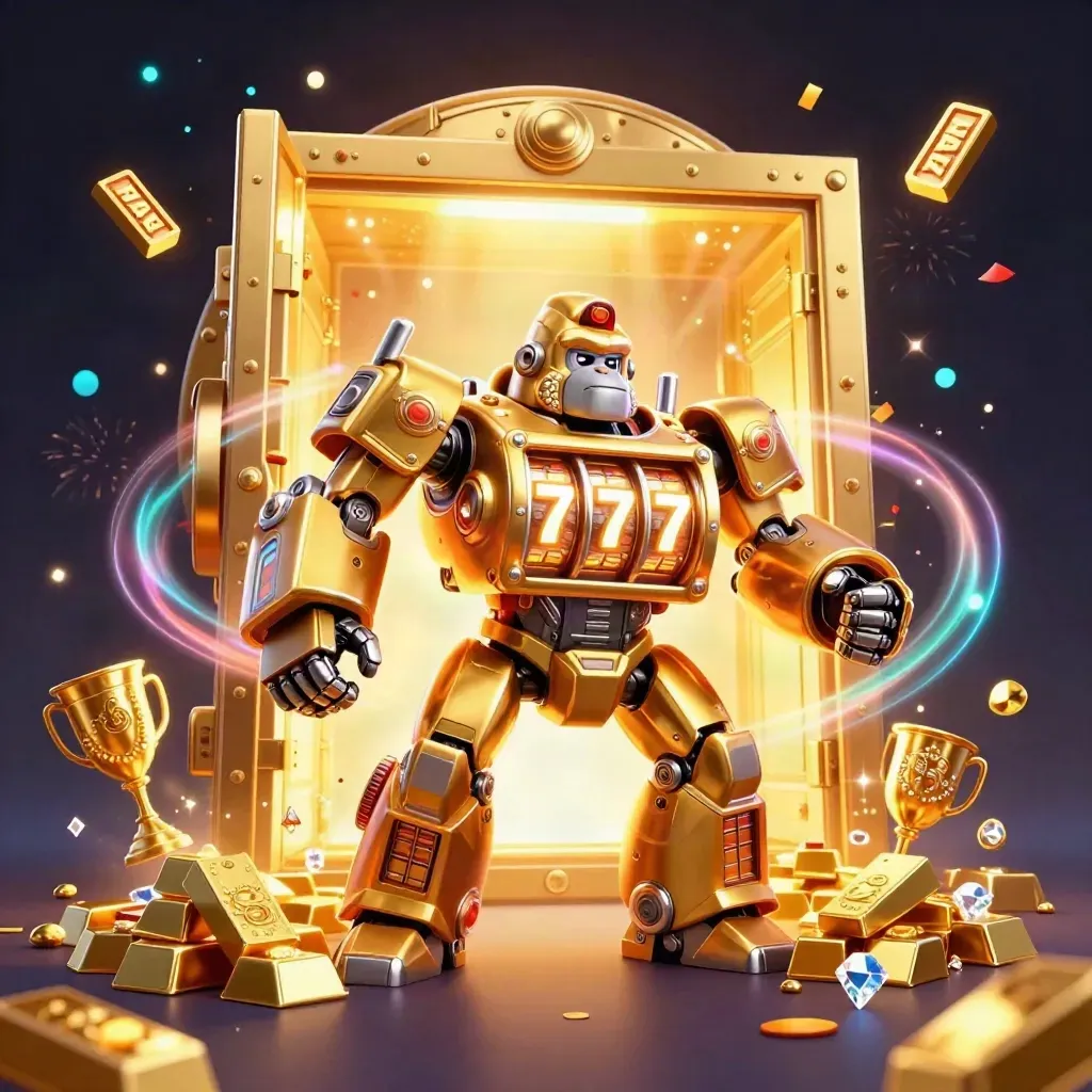 Golden gorilla mech and monkey pilot explode from a treasure vault in neon gold casino chaos.