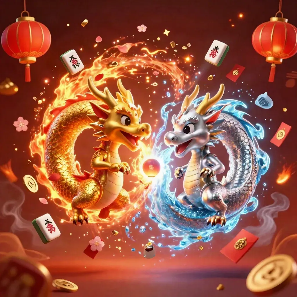 Twin gold and silver dragons in a fiery yin-yang swirl with lantern spirit and casino-themed bursts.