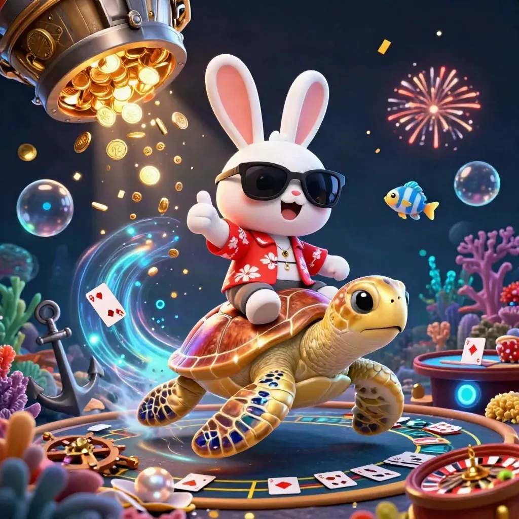 Lucky rabbit rides a gold turtle in a neon treasure cove with coins, cards, and fireworks.