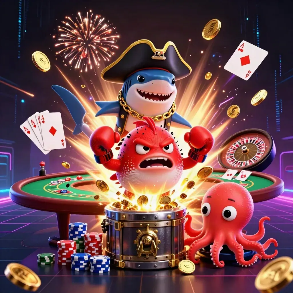 Shark captain, boxing pufferfish, and juggling octopus amid exploding casino riches.