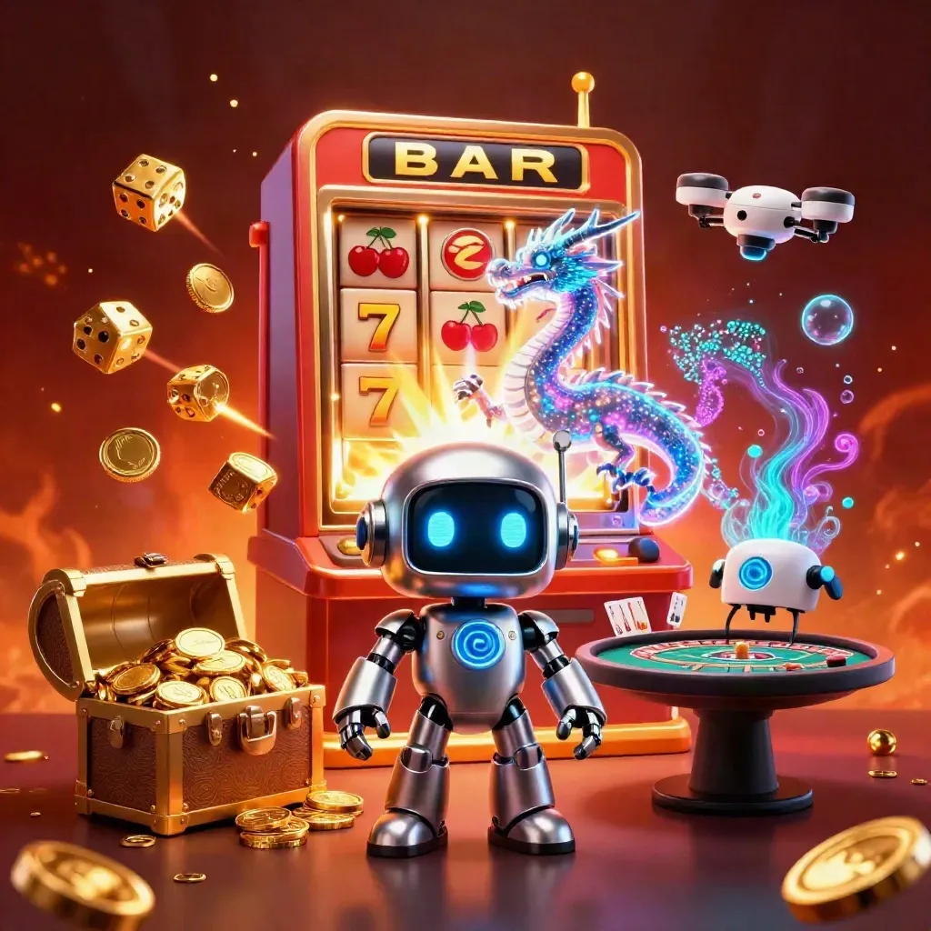 Cyberpunk robot, holographic dragon, and coin drone amid slot jackpot burst, gold coins, fireworks, and casino props