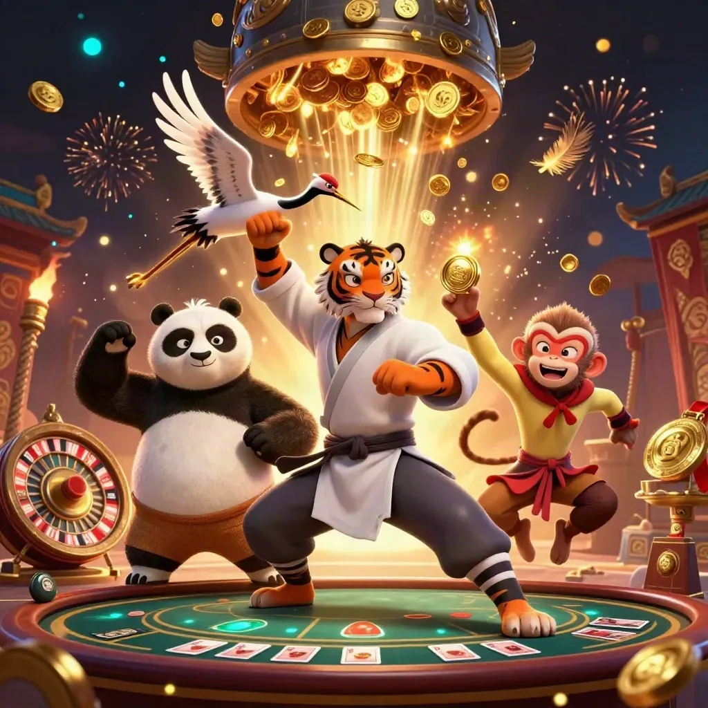 Tiger, panda, and monkey heroes in a gold coin burst with casino props and fireworks