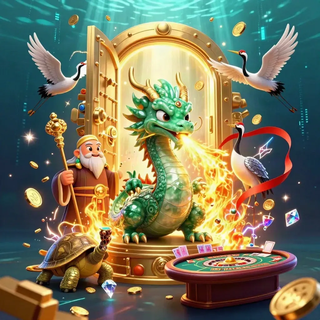 Jade dragon, turtle sage, and cranes amid vault gold, gems, roulette, and electric casino fireworks.
