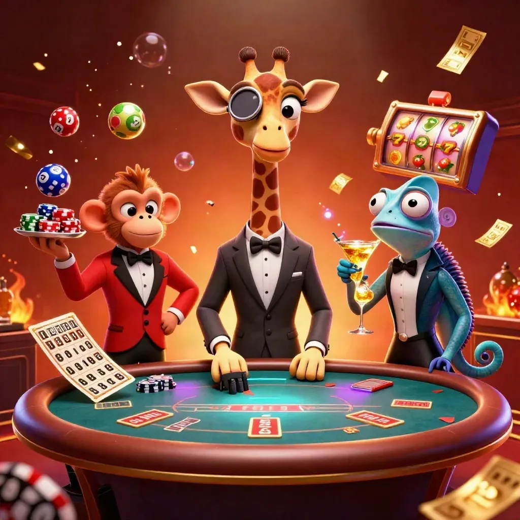 Giraffe high roller, monkey valet, and chameleon bartender amid casino bursts and glowing reels
