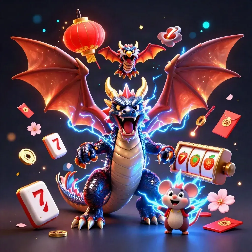 Thunder dragon, hawk, and mouse amid casino reels, coins, lanterns, and gold-blue magic.