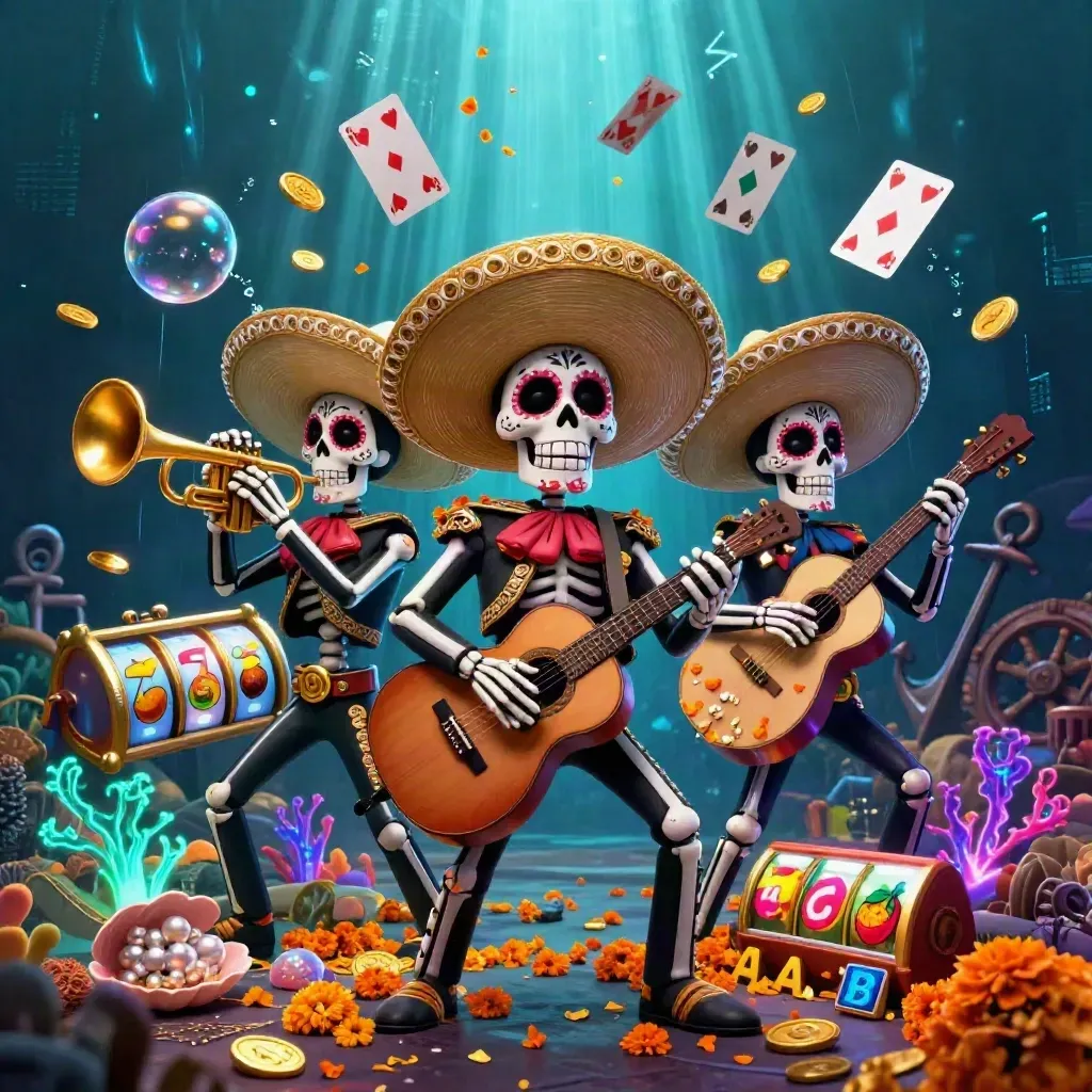 Skeleton mariachi trio in an underwater treasure cove with coins, coral, and glowing slot reels