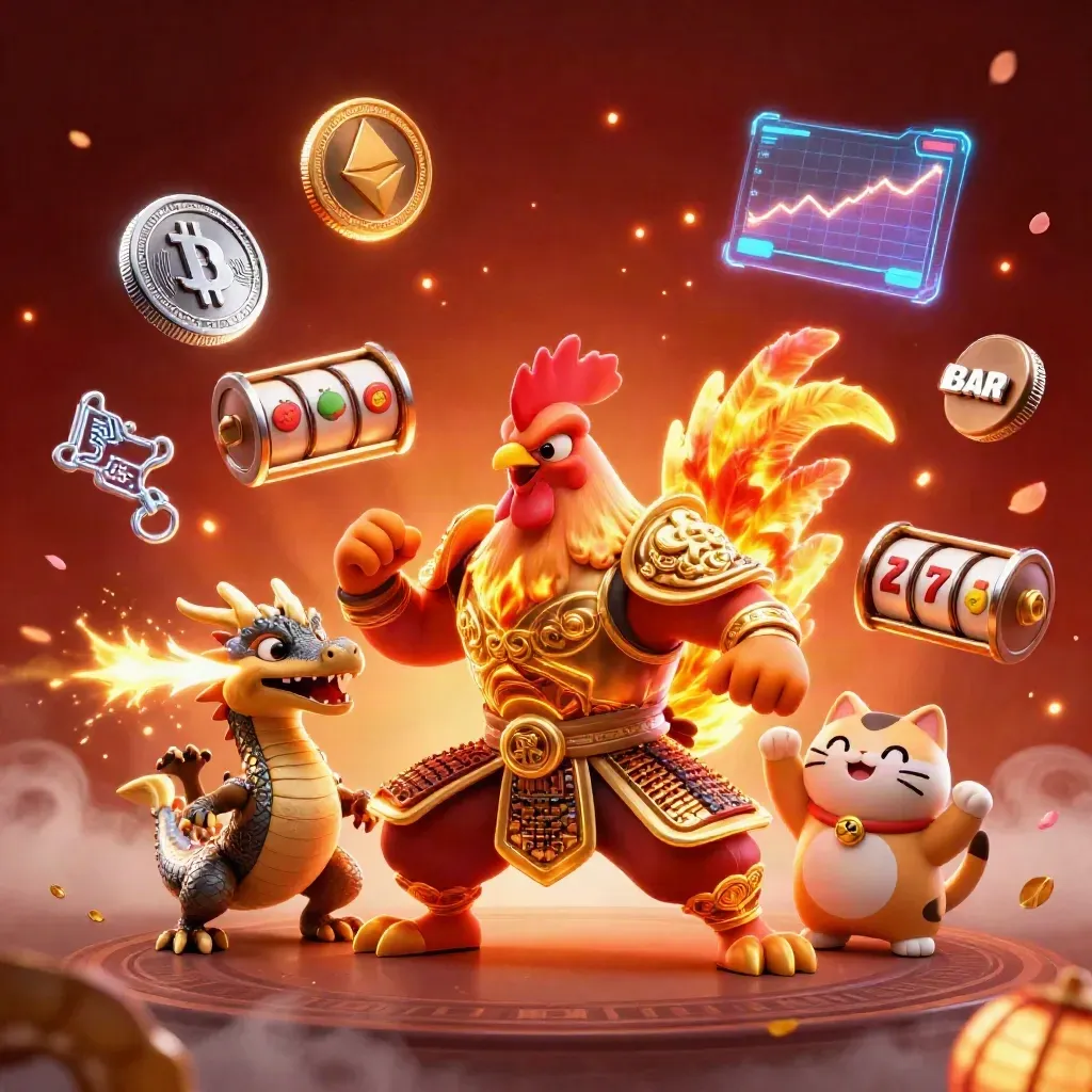 Rooster warrior, spark-breathing hatchling, and fortune cat amid casino coins and glowing reels.