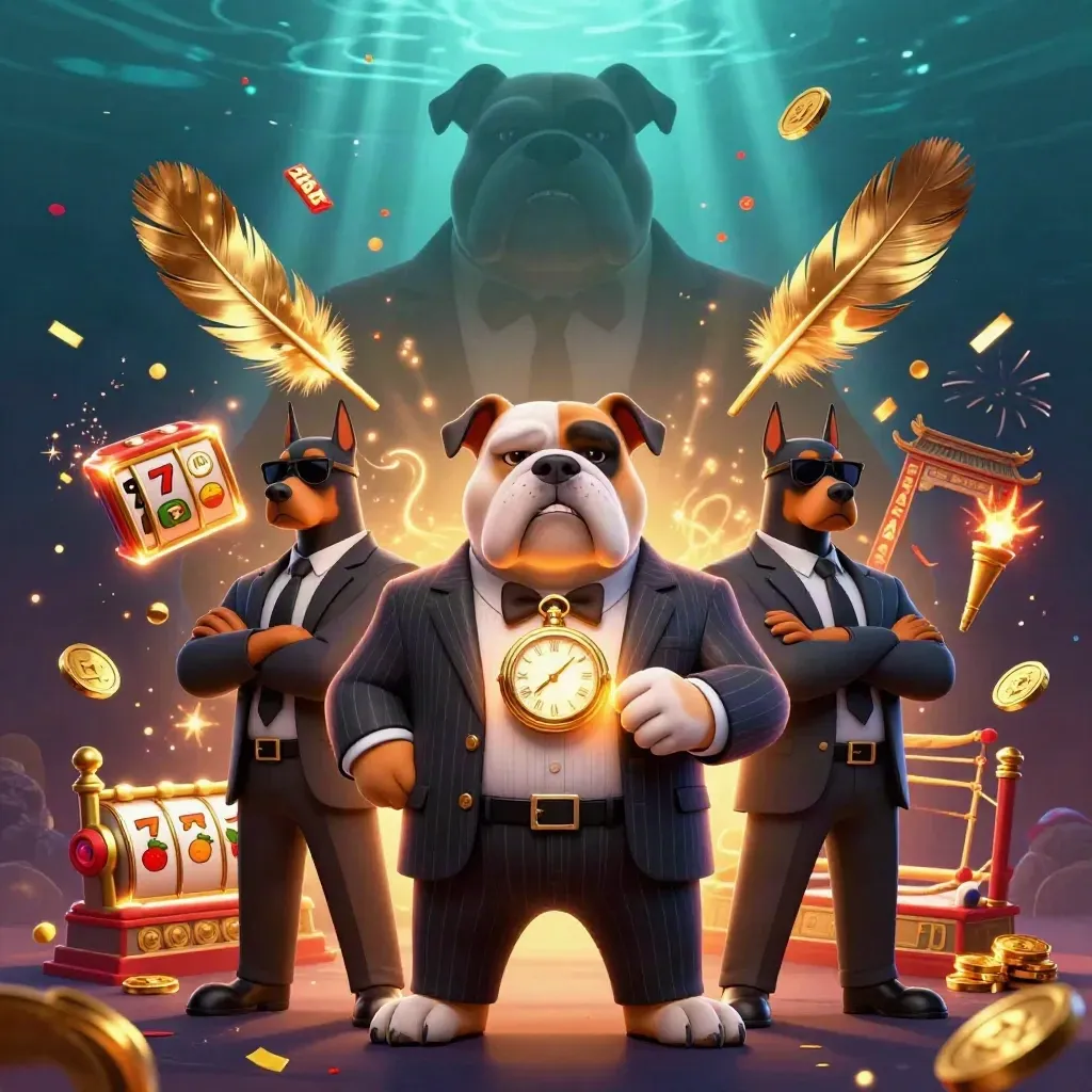 Bulldog mob boss flanked by two Dobermans amid coins, reels, temple gate, and casino sparks.