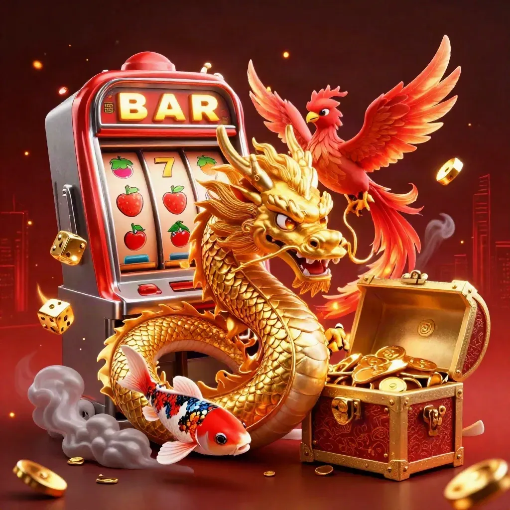 Golden dragon coils a treasure chest as phoenix, koi, reels and jackpot sparks burst in a dark luxe casino scene