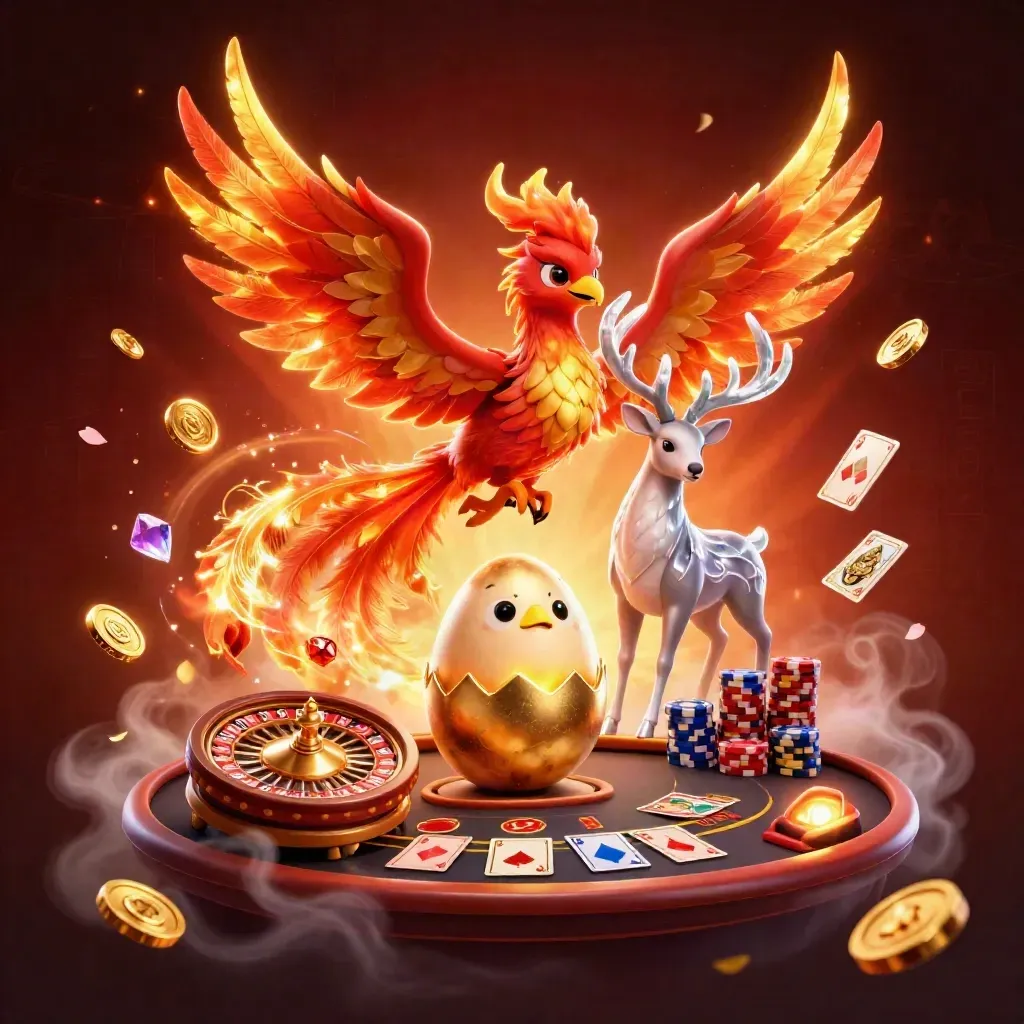Phoenix, hatchling, and crystal stag amid coins, cards, chips, and a glowing roulette wheel.