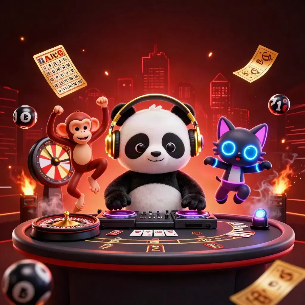 DJ panda, breakdancing monkey, and glow-stick kitten with casino rewards and neon gold effects